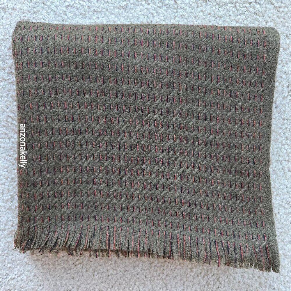 NWOT Cashmere Woven Scarf Olive Green With Black + Orange Weave Detail - Picture 1 of 16